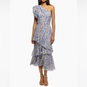Shoshanna Women's Priya One Shoulder Ruffle Midi Dress NWT
